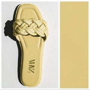 🌹NWT. Zara Yellow Woven Raffia Flat Sandals. Size 9.